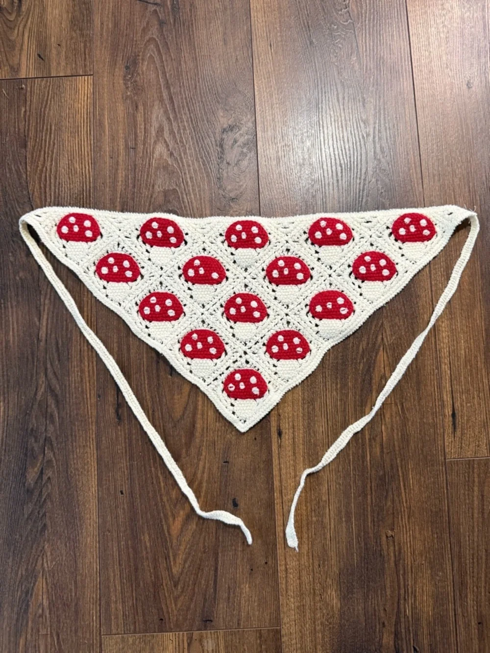 Crocheted Triangle Scarf with Red Mushroom Motif